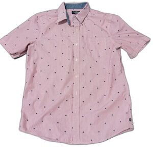 Chaps Shirt Men’s M Red White Pinstripe Blue Star Print Short Sleeve Button Down